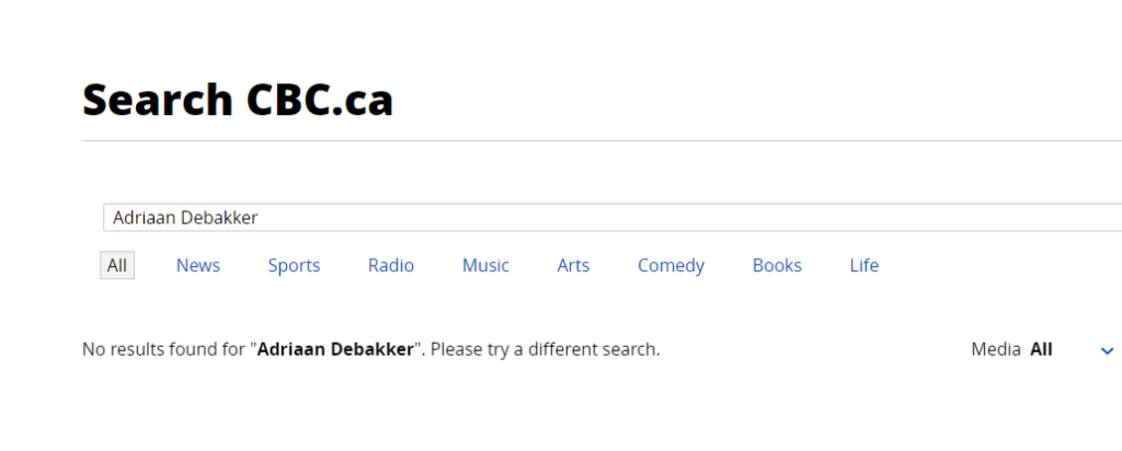 The CBC has removed all mention of Adriaan Debakker from their website.