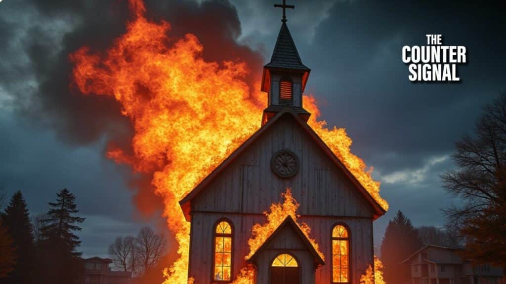 A small church on fire.